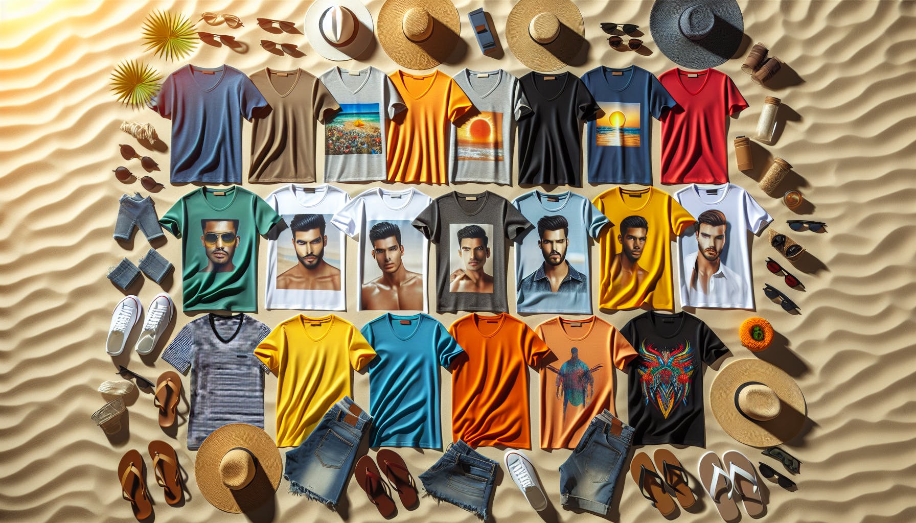 Essentials of Summer: The Guide to Men's T-Shirts. An image showing an array of fashionable men's summer t-shirts in vibrant colors and various designs, displayed neatly on a backdrop of a sunny, sandy beach. The shirts range from simple, solid-color styles, to those with cool, graphic designs. Some have round necks, others v-necks and a few with collar. They represent different cultures with Asian, Caucasian, Hispanic, Black, and Middle-Eastern men modeling them. The image also features complementary summer accessories like sunglasses, beach hats, and flip-flops scattered around.